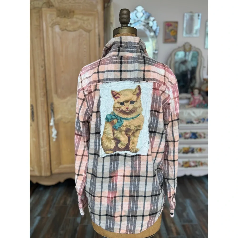 Upcycled Cat Patch Flannel Shirt Medium PacSun Cottagecore Folk Art - Picture 7 of 7